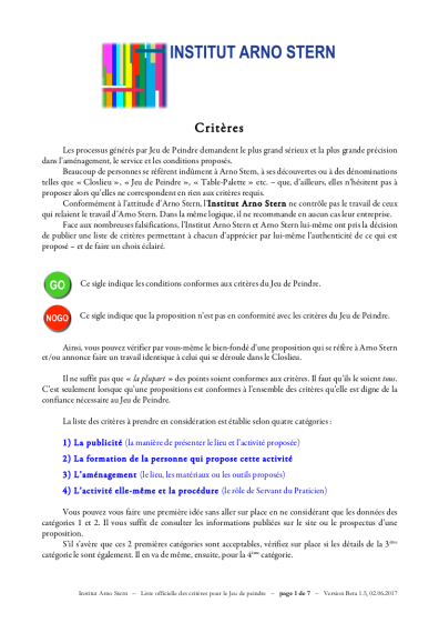 Critères Officiels Closlieu Institut Arno Stern